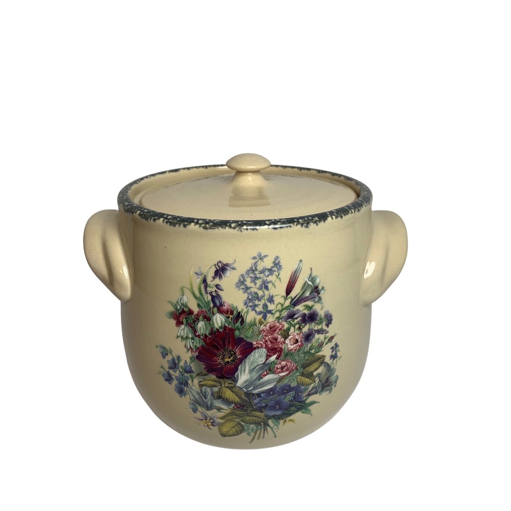 Home & Garden Party Ltd Floral Stoneware Bean Pot Cookie Jar Lid 2004 USA Cream